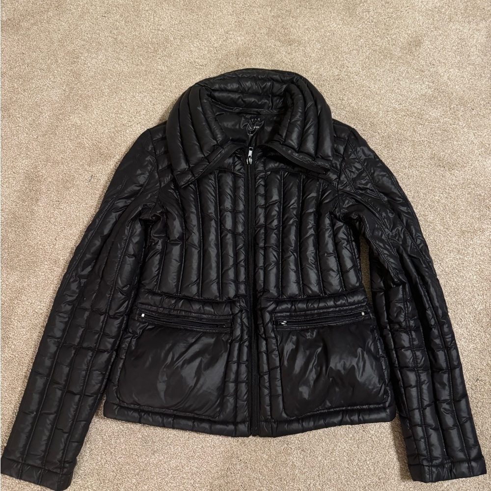 Black Quilted Puffer Jacket with Wide Collar